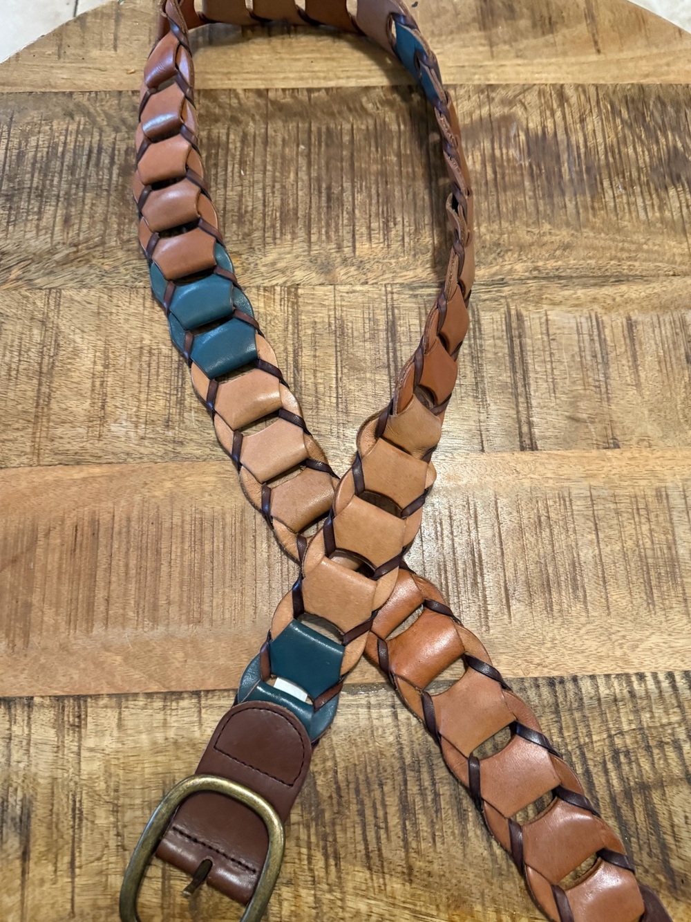 Unisex Vintage Mod 70s Belt Brown Green Leather Link Wide Boho Hippie Large 48”